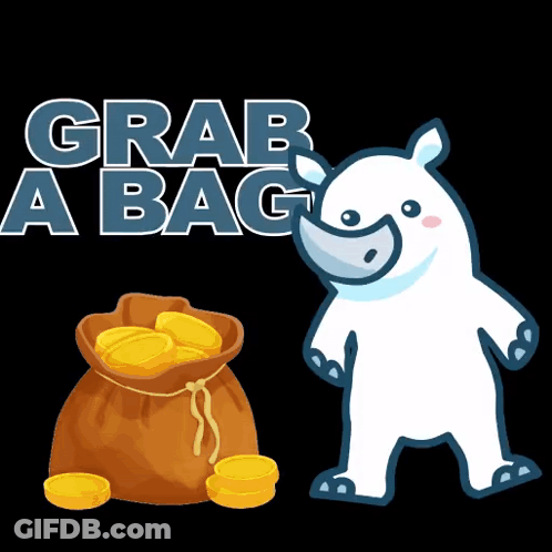 A Rhino Standing Next To A Bag Of Gold Coins GIF