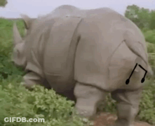 A Rhinoceros Is Standing In A Field With A Musical Note On Its Tail . GIF