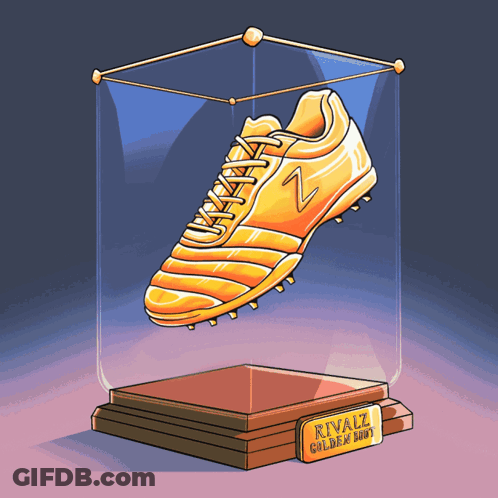 A Rivalz Golden Boot Is Displayed In A Glass Display Case GIF