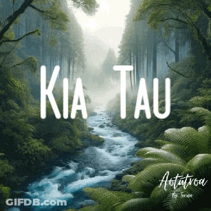 A River Flowing Through A Lush Green Forest With The Words Kia Tau Written On The Bottom GIF