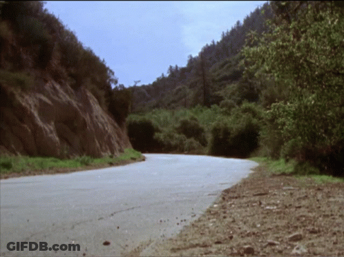 A Road That Is Going Through A Valley With Trees On Both Sides GIF