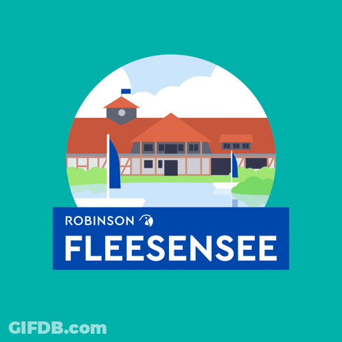 A Robinson Fleesensee Logo With A Building And A Boat GIF