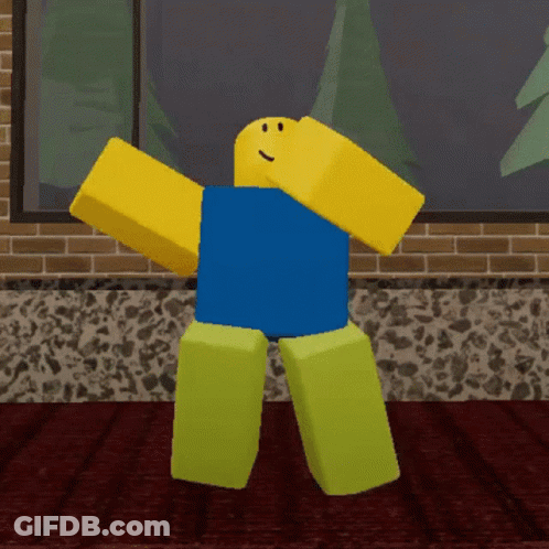 A Roblox Character In A Blue Shirt And Yellow Pants GIF