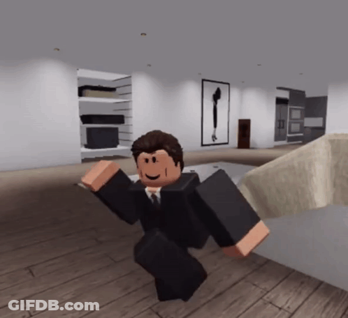 A Roblox Character In A Suit And Tie Is Dancing In A Living Room GIF