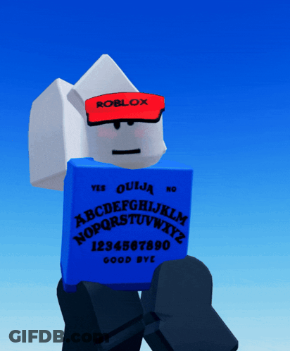 A Roblox Character Is Holding A Blue Board With The Alphabet On It GIF