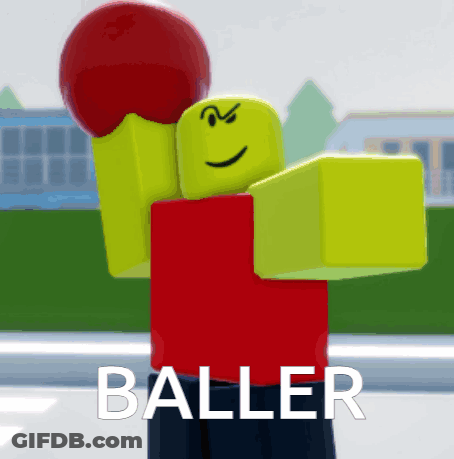 A Roblox Character Is Holding A Red Ball And The Word Baller Is On The Bottom Right GIF