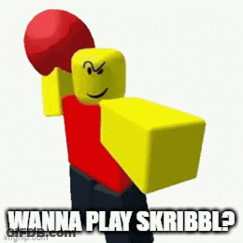 A Roblox Character Is Holding A Red Boxing Glove And Says " Wanna Play Skribbl ? " GIF