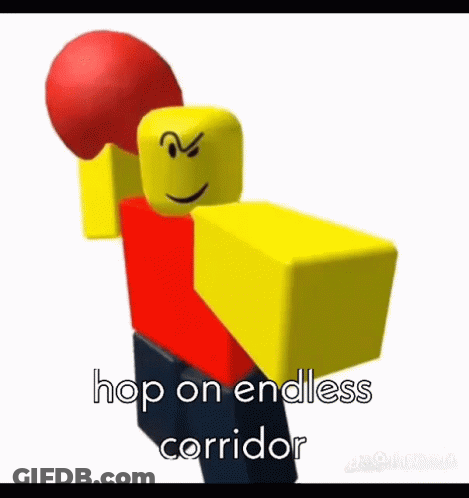 A Roblox Character Is Holding A Red Boxing Glove Over His Head And Says `` Hop On Endless Corridor '' . GIF
