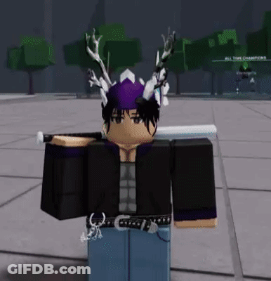 A Roblox Character Is Holding A Sword And Wearing A Purple Hat With Horns . GIF