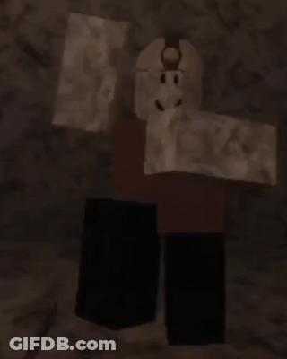 A Roblox Character Is Standing In A Dark Room With His Arms Outstretched And A Smile On His Face . GIF