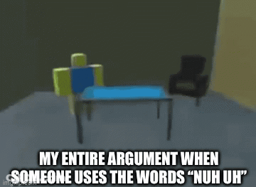 A Roblox Character Is Standing In A Room With A Table And A Chair . GIF