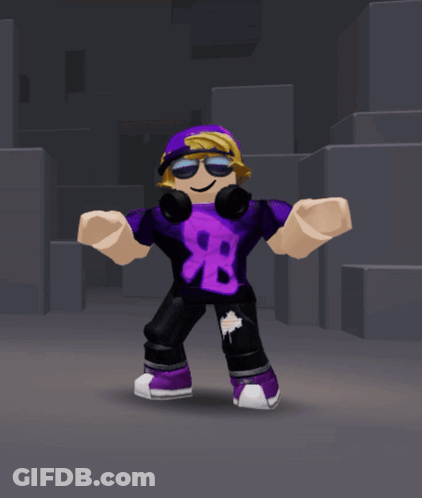 A Roblox Character Is Wearing A Purple Shirt With The Letter Rb On It GIF