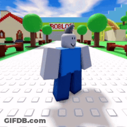 A Roblox Character Standing In Front Of A Roblox Sign GIF