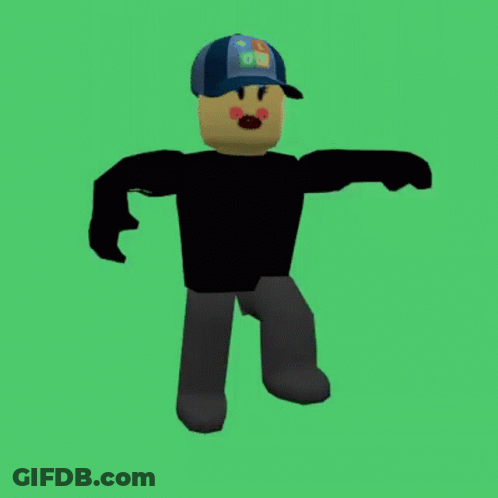 A Roblox Character Wearing A Blue Hat And A Black Shirt Is Standing On A Green Background . GIF