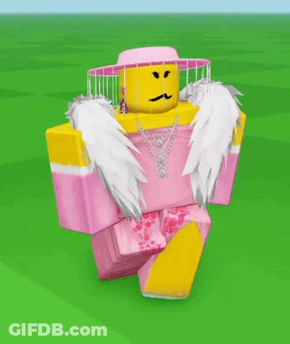 A Roblox Character Wearing A Pink And Yellow Outfit And A Hat GIF