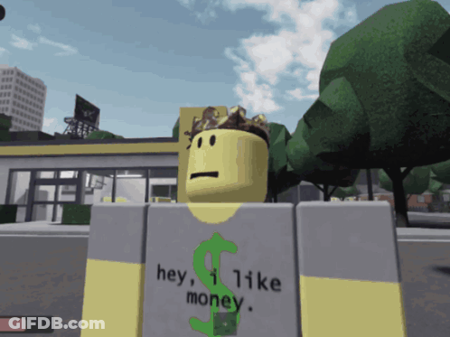 A Roblox Character With A Crown On His Head And A Shirt That Says Hey I Like Money GIF
