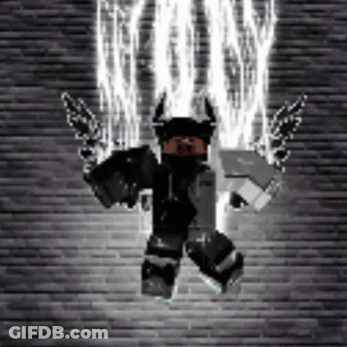 A Roblox Character With Horns And Wings Is Standing In Front Of A Brick Wall With Lightning Coming Out Of It . GIF