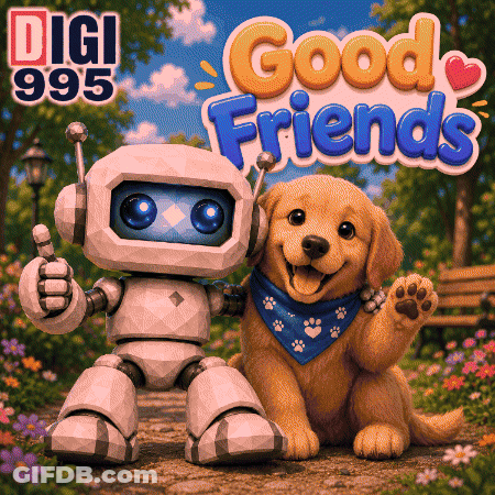 A Robot And A Dog Are Standing Next To Each Other With The Words Good Friends Behind Them GIF