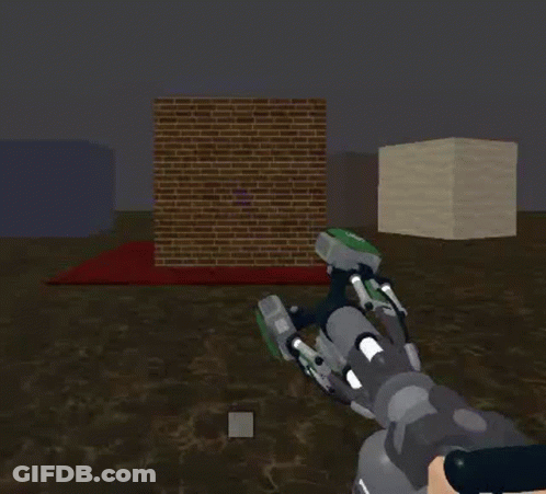 A Robot Arm Is Holding A Hamburger And A Brick Wall In A Video Game . GIF