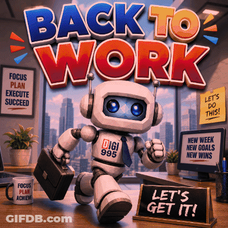 A Robot Carrying A Briefcase Is Standing In Front Of A Sign That Says Let 'S Get It GIF