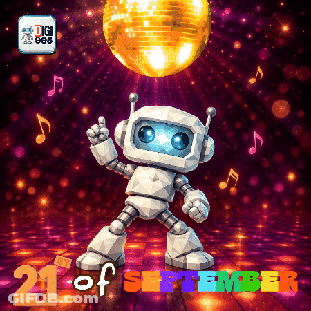 A Robot Dancing In Front Of A Disco Ball With The Date September 21 GIF