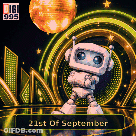 A Robot Dancing In Front Of A Disco Ball With The Date September 21St On The Bottom GIF