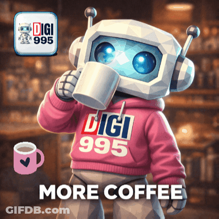 A Robot Drinking A Cup Of Coffee From A Digi 995 Sweatshirt GIF
