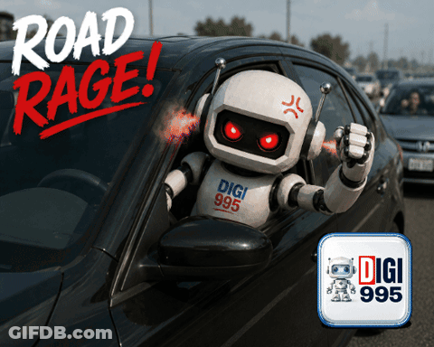 A Robot Driving A Car With The Words Road Rage Behind It GIF