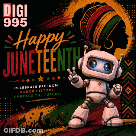 A Robot Giving A Peace Sign In Front Of A Sign That Says Happy Juneteenth GIF