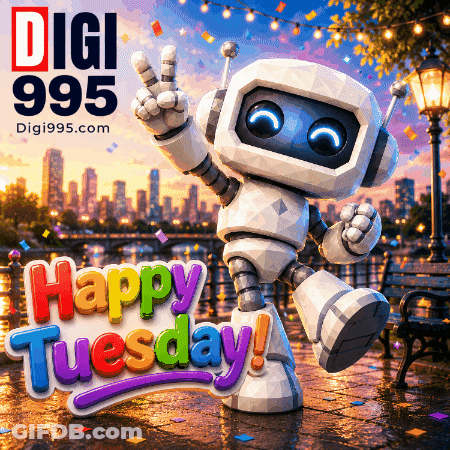 A Robot Giving A Peace Sign With The Words Happy Tuesday Behind It GIF