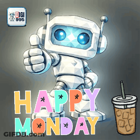 A Robot Giving A Thumbs Up With The Words Happy Monday Below It GIF