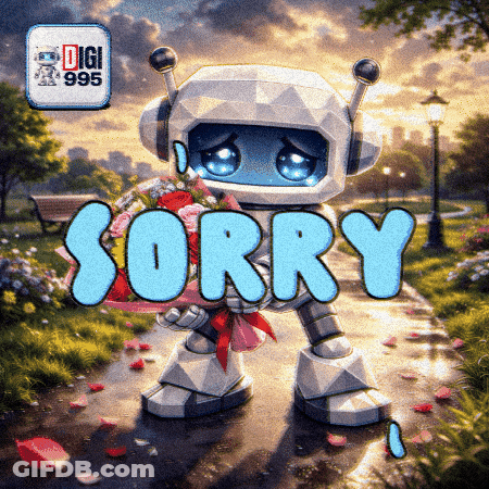 A Robot Holding A Bouquet Of Flowers With The Words Sorry Above It GIF