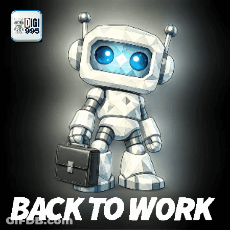 A Robot Holding A Briefcase With The Words Back To Work Below Him GIF