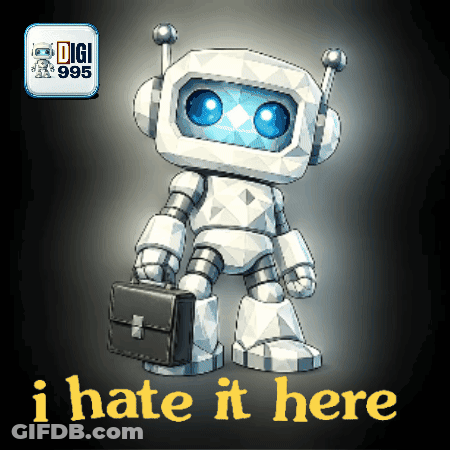 A Robot Holding A Briefcase With The Words I Hate It Here Below Him GIF