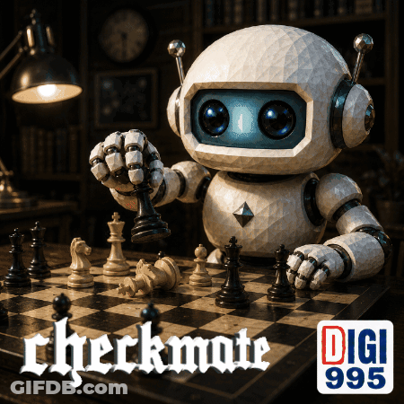 A Robot Holding A Chess Piece On Top Of A Chess Board That Says Checkmate GIF
