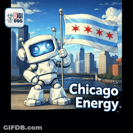 A Robot Holding A Chicago Flag With The Words Chicago Energy Below It GIF