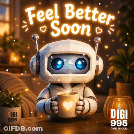 A Robot Holding A Cup Of Coffee With The Words Feel Better Soon Written Above It GIF