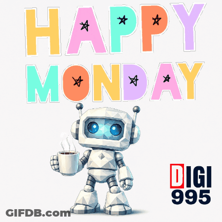 A Robot Holding A Cup Of Coffee With The Words Happy Monday Behind It GIF