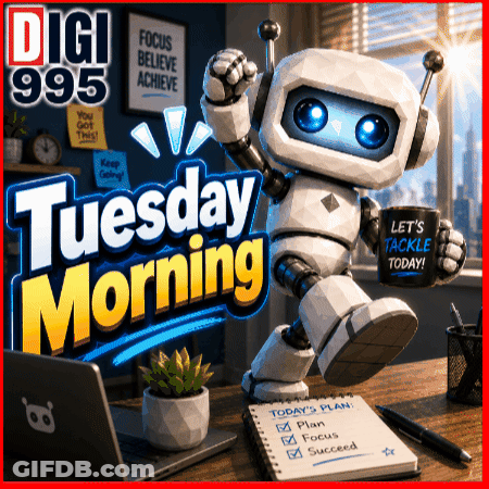 A Robot Holding A Cup That Says " Let 'S Tackle Today " GIF