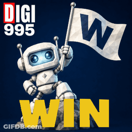 A Robot Holding A Flag That Says W On It GIF