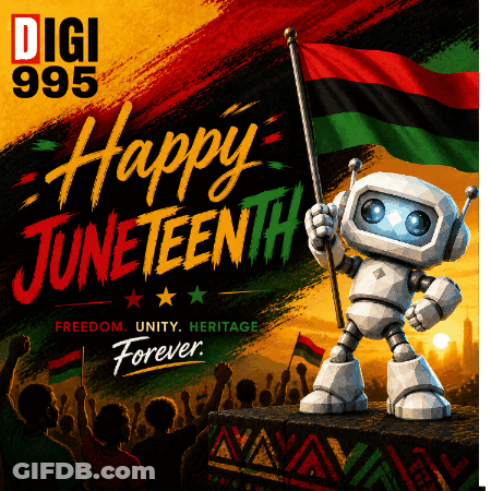 A Robot Holding A Flag With The Words Happy Juneteenth Freedom Unity Heritage Forever On The Bottom GIF