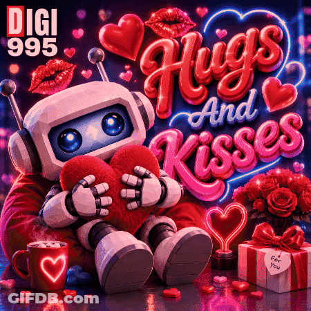 A Robot Holding A Heart With The Words " Hugs And Kisses " On It GIF