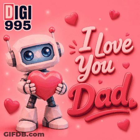 A Robot Holding A Heart With The Words I Love You Dad Below It GIF