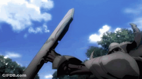 A Robot Holding A Large Sword In Front Of A Blue Sky With Clouds GIF