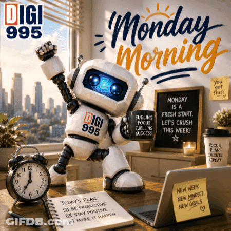 A Robot Holding A Mug That Says Fuelling Your Success GIF