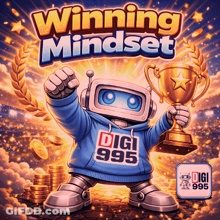 A Robot Holding A Trophy With The Words " Winning Mindset " Behind Him GIF
