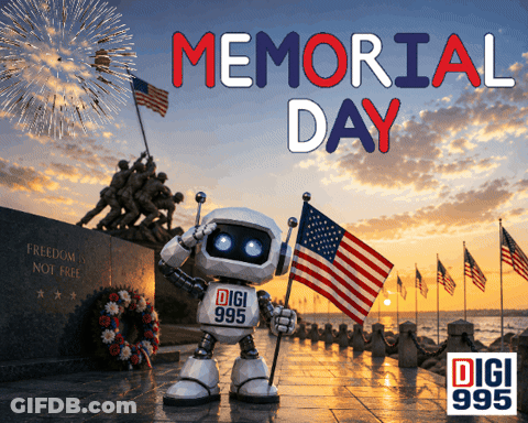 A Robot Holding An American Flag In Front Of A Memorial Day Poster GIF