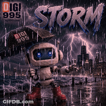 A Robot Holding An Umbrella In The Rain With The Word Storm Written On It GIF