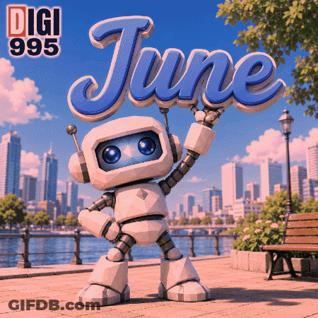 A Robot Holding Up The Word June In Front Of A City Skyline GIF