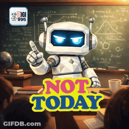 A Robot In A Classroom With The Words " Not Today " On It GIF
